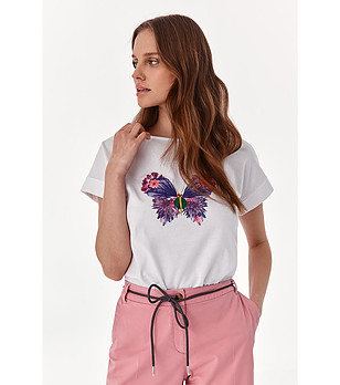 Бяла тениска от органичен памук с щампа пеперуда Maki снимка