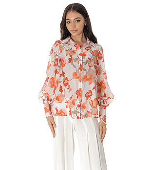 Дамска бяла риза с флорален принт в оранжево Claret снимка
