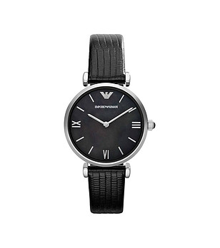 Черен дамски часовник със сребрист корпус снимка