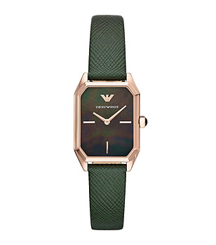Дамски часовник с розовозлатист корпус с кожена зелена каишка снимка