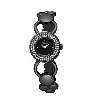 Черен дамски часовник с камъчета и ефектна верижка снимка