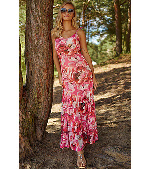 Елегантна дълга рокля с флорален принт в розови нюанси снимка