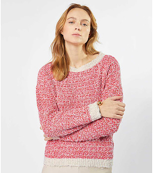Дамски пуловер в червено и цвят крем с високо съдържание на памук снимка