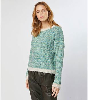Дамски пуловер в зелено и бежово с високо съдържание на памук снимка