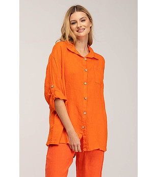 Дамска оversize оранжева ленена риза снимка