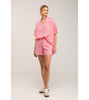 Памучен комплект от блуза и панталонки в розово снимка