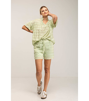 Памучен комплект от блуза и панталонки в светлозелено снимка