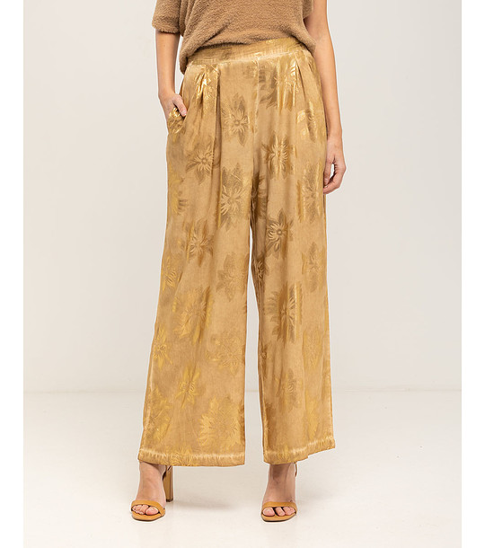 Дамски златист панталон с флорални мотиви снимка