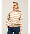 Дамски пуловер в цвят камел и бяло на райе-0 снимка