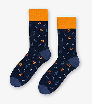 Unisex тематични чорапи в тъмносиньо и оранжево Miusical Notes  снимка