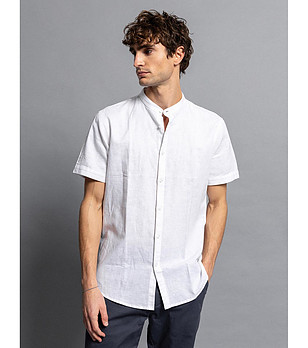 Бяла мъжка риза с къс ръкав от лен и памук  снимка