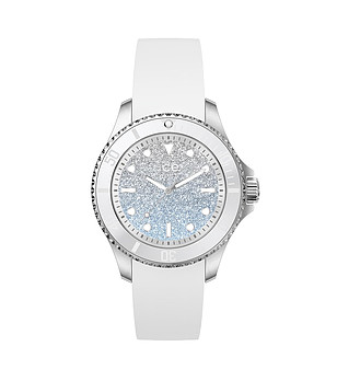 Часовник в бяло и сребристо със син циферблат с глитер ефект снимка