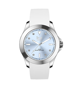 Сребрист дамски часовник с бяла каишка и син циферблат снимка