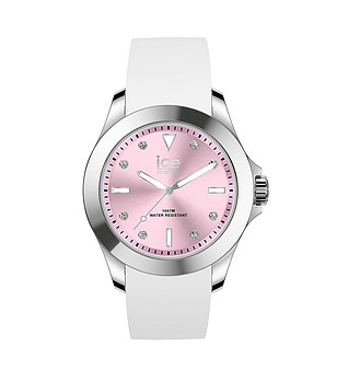 Сребрист дамски часовник с бяла каишка и розов циферблат снимка