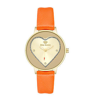 Златист дамски часовник с оранжева каишка и сърце снимка