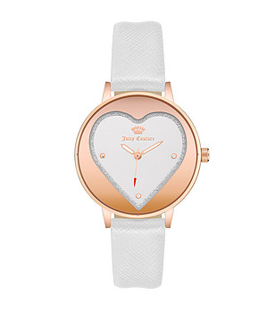 Дамски розовозлатист часовник с бяла каишка и сърце снимка