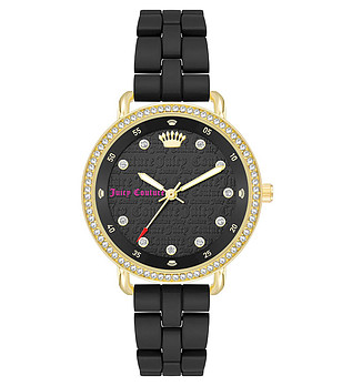 Дамски часовник в златисто и черно с камъчета снимка