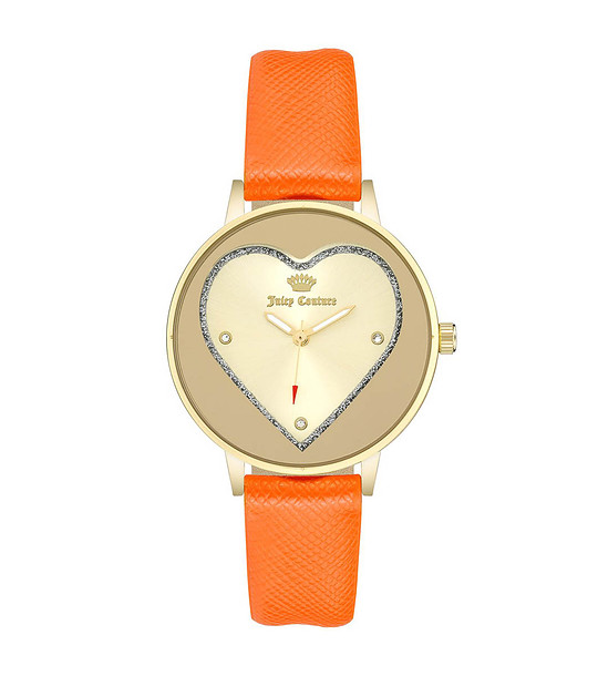 Златист дамски часовник с оранжева каишка и сърце снимка