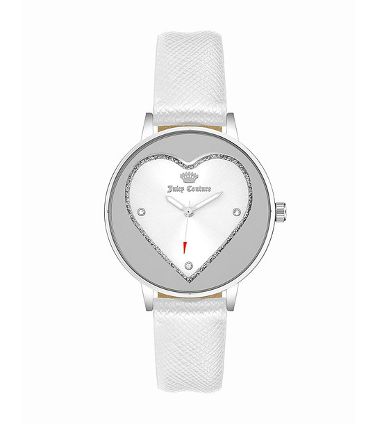 Дамски часовник в сребристо с бяла каишка и сърце снимка