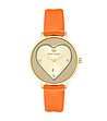 Златист дамски часовник с оранжева каишка и сърце-0 снимка