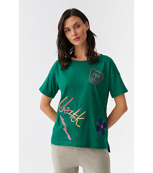 Зелена дамска памучна тениска с бродерии Mizati снимка