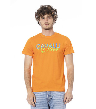 Мъжка оранжева памучна тениска с лого снимка
