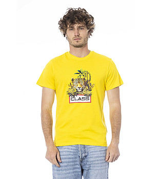 Мъжка жълта памучна тениска с принт снимка