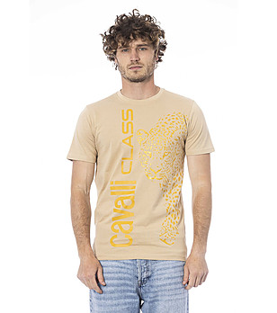 Мъжка памучна тениска в пясъчен нюанс с лого  снимка