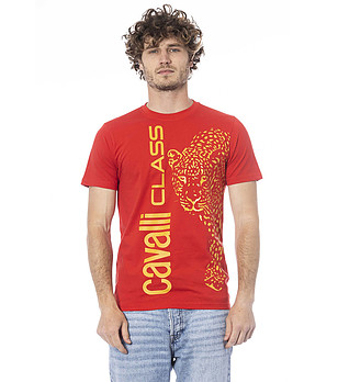 Мъжка памучна тениска в червен цвят с лого  снимка