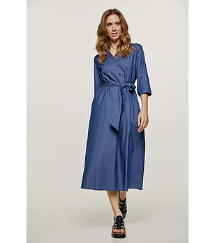 Памучна синя рокля с колан Liora снимка
