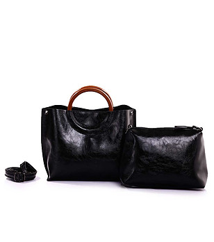 Черна дамска чанта с кафяви дръжки Mona снимка