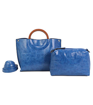 Синя дамска чанта с кафяви дръжки Mona снимка