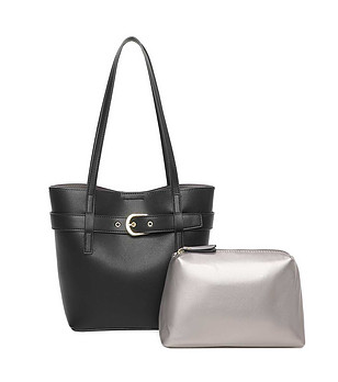 Черна дамска чанта със сребрист несесер Crevia снимка