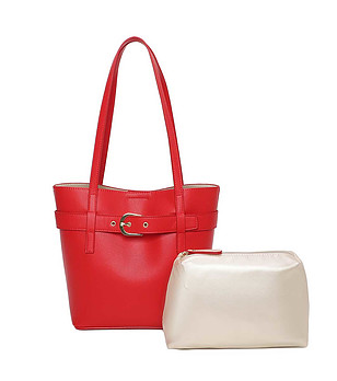 Червена дамска чанта със сребрист несесер Crevia снимка