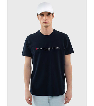 Тъмносиня памучна мъжка тениска Oliver снимка