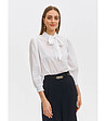 Памучна дамска блуза в бял цвят с ефектна яка -0 снимка