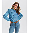 Синя дънкова дамска риза с къдрички-0 снимка
