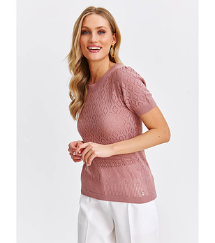 Ефектна дамска ажурена блуза от фино плетиво в розов нюанс снимка
