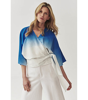 Дамска широа блуза в синьо и бяло от лен и памук Salwadora снимка