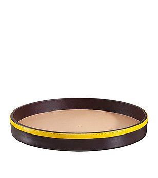 Кръгъл поднос от естествена кожа в цвят бургунд и жълто снимка