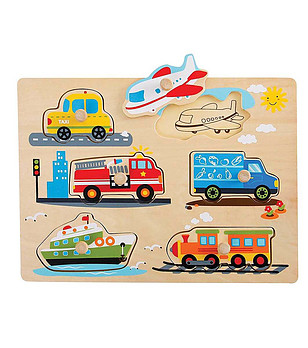 Дървен пъзел с дръжки Превозни средства 6 елемента снимка