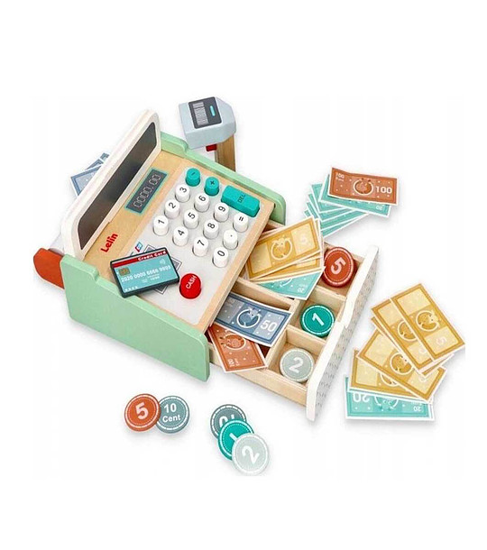 Детски дървен касов апарат с баркод четец снимка