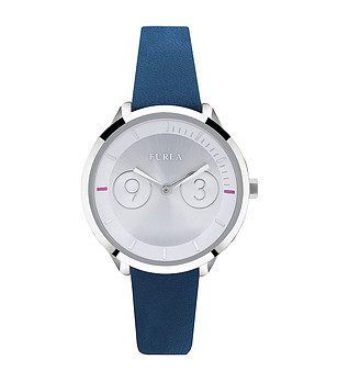 Дамски сребрист часовник със синя кожена каишка снимка