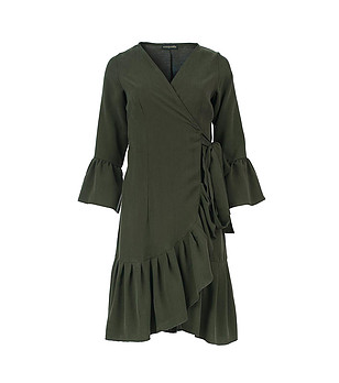 Dark Olive Wrap Dress with Ruffle Detail – Viscose Blend, 3/4 Sleeve снимка