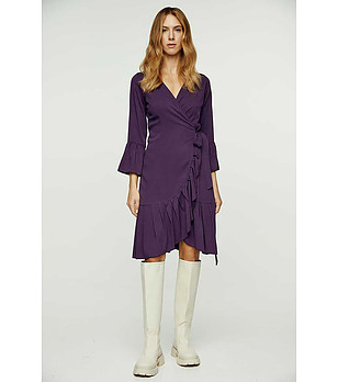 Aubergine Blue Wrap Dress Viscose with bell sleeves. снимка