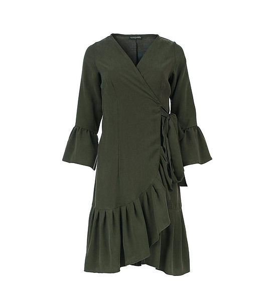 Dark Olive Wrap Dress with Ruffle Detail – Viscose Blend, 3/4 Sleeve снимка