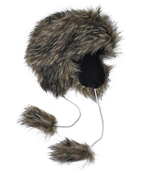 Дамска шапка ушанка с косъм в бежово и сиво снимка