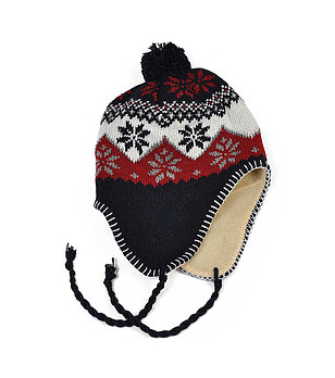 Тъмносиня unisex зимна шапка с контрастни мотиви снимка