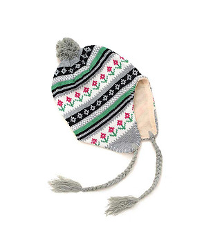Детска зина шапка в сиво и зелено с връзки снимка