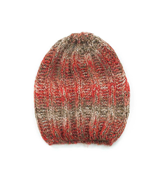 Дамска зимна шапка в меланж на червено и бежово снимка